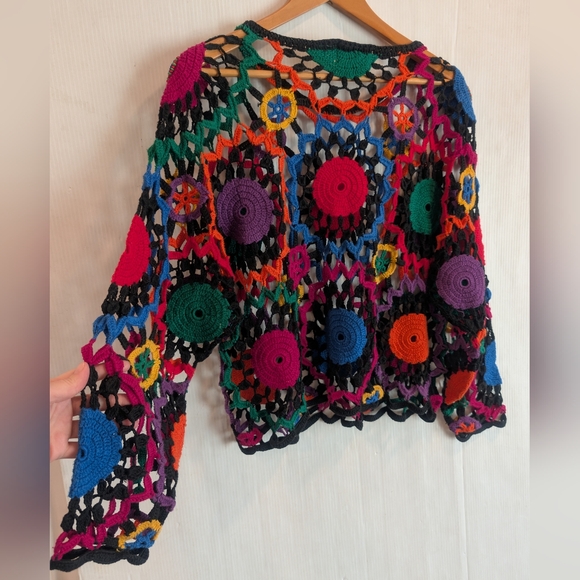 Vintage MY Sportswear Rainbow Colorful Crochet Beaded Open Knit Top Boho Hippie - Picture 6 of 10